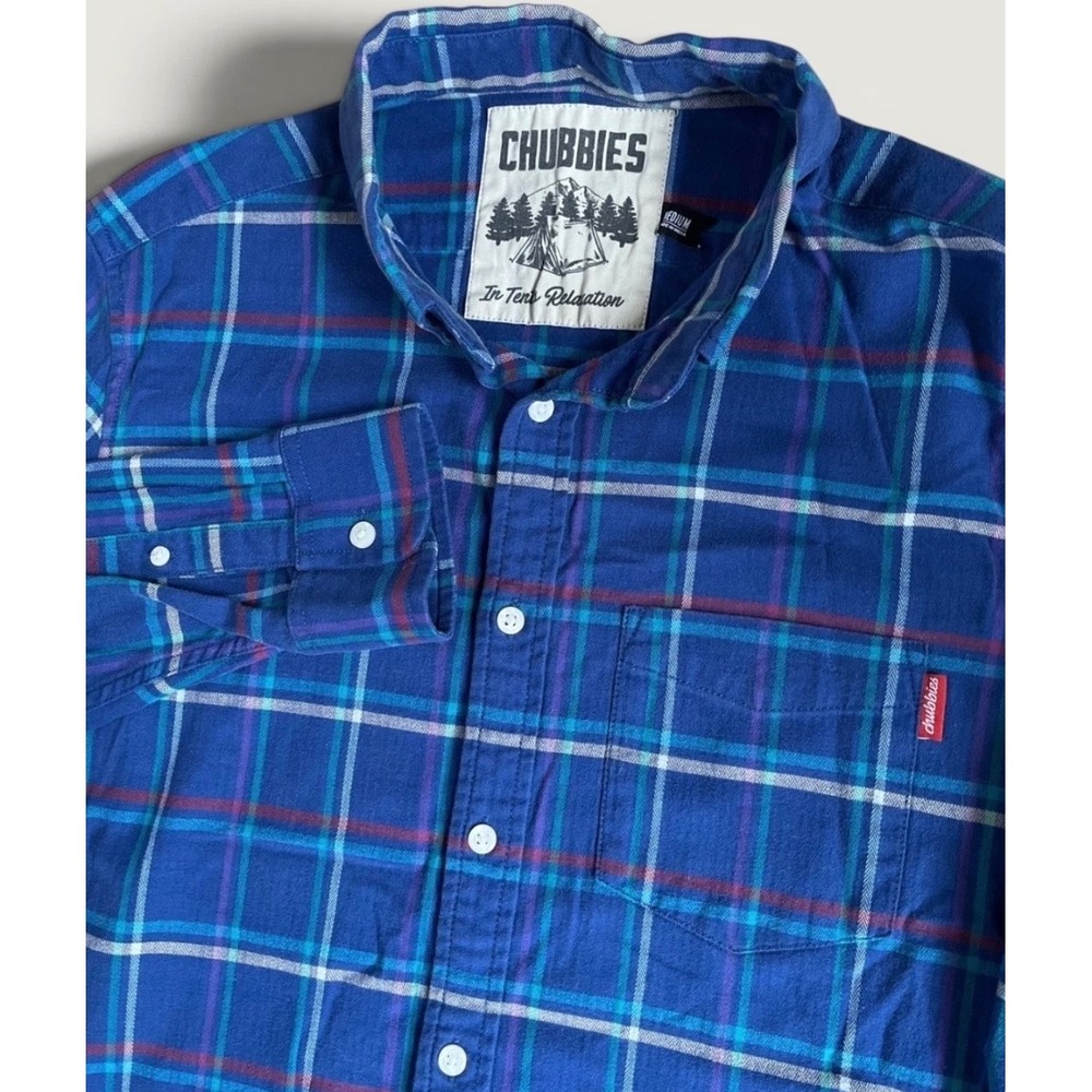 Chubbies Mens Blue Plaid Flannel Button Down Shirt Medium In Tent Relaxation